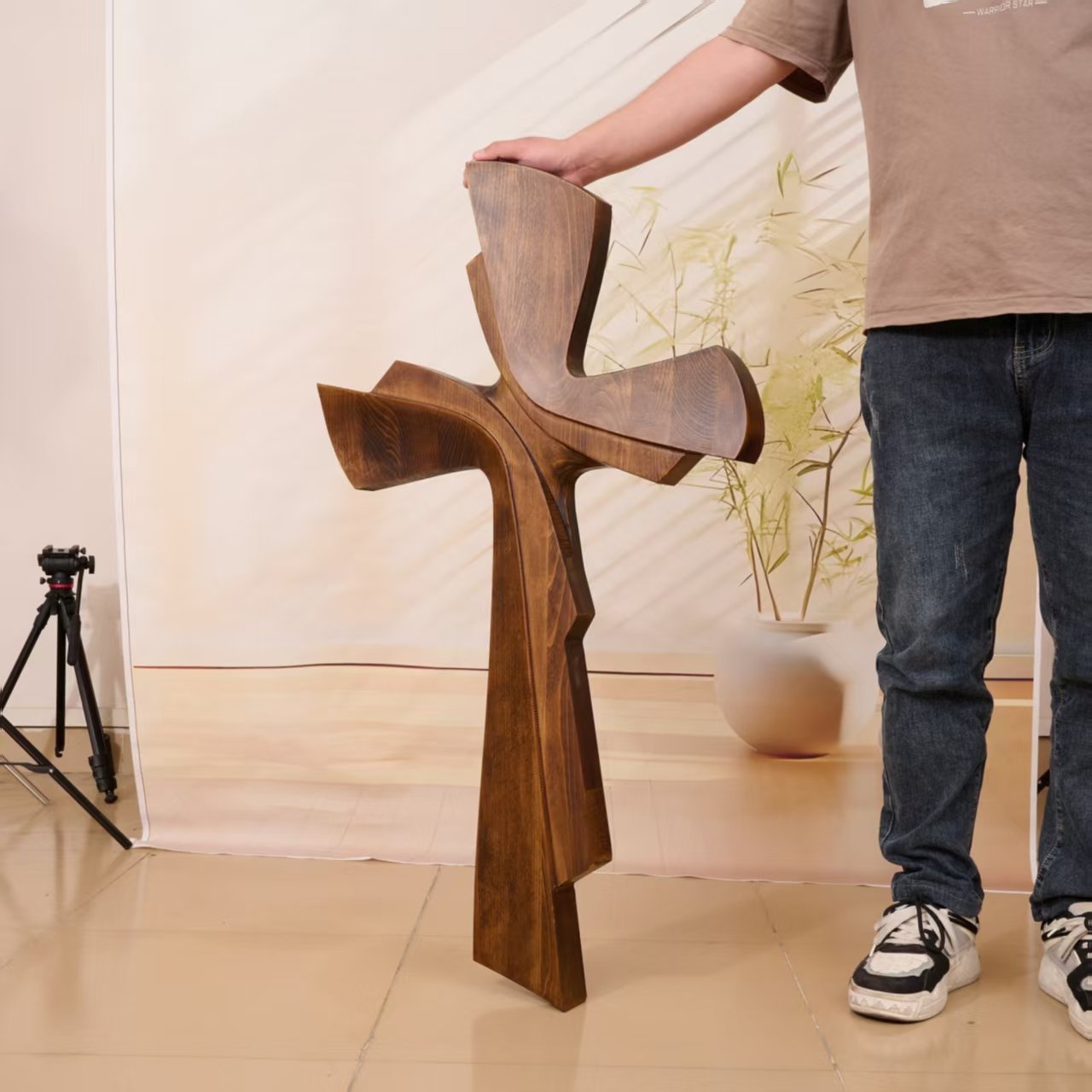36-inch religious wood cross shown beside a person for scale