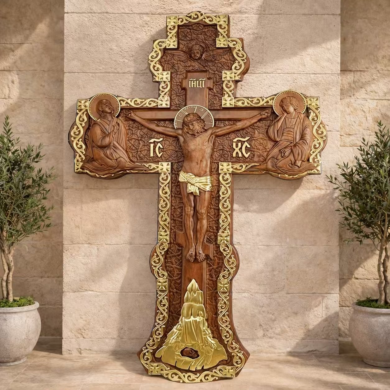 48-inch carved church cross shown in a scale visualization