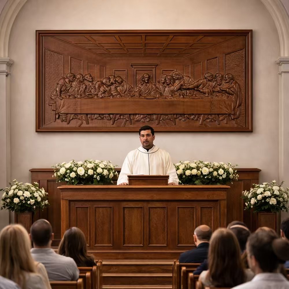 72-inch Last Supper wood relief shown in a church-scale visualization
