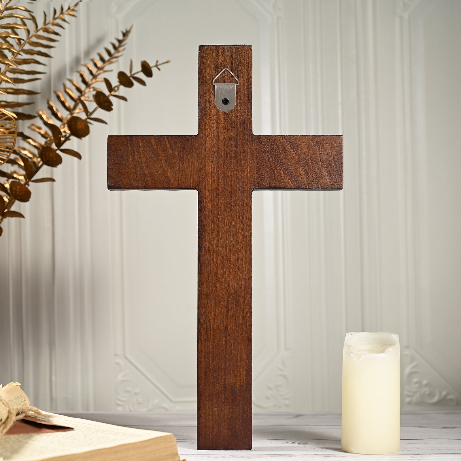 Back view of Rose Cross wooden wall cross showing smooth wood surface and hanging design