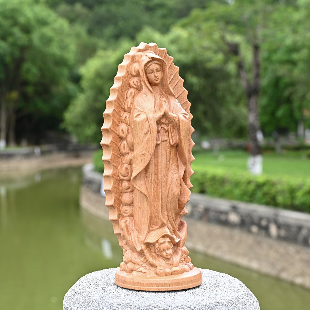 Catholic Virgin Mary wooden statue with detailed carving, suitable for garden, church and home decoration