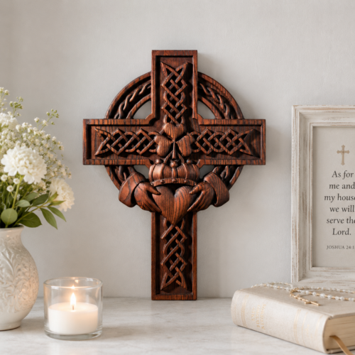 Claddagh Cross wooden wall decor displayed in a peaceful prayer space with candles and Christian decorations