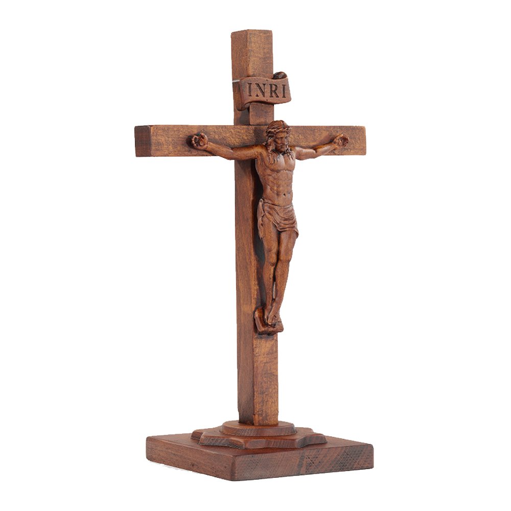 Finished handcrafted wooden crucifix with INRI plaque and layered pedestal base