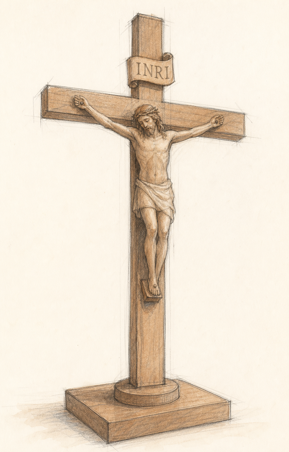 Early AI concept for a freestanding custom wood crucifix with INRI plaque and simple base