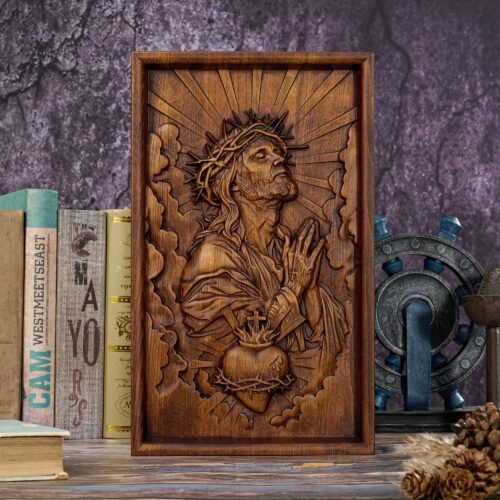 Dark finished Jesus Crown of Thorns wood carving with detailed relief texture and Christian symbolism