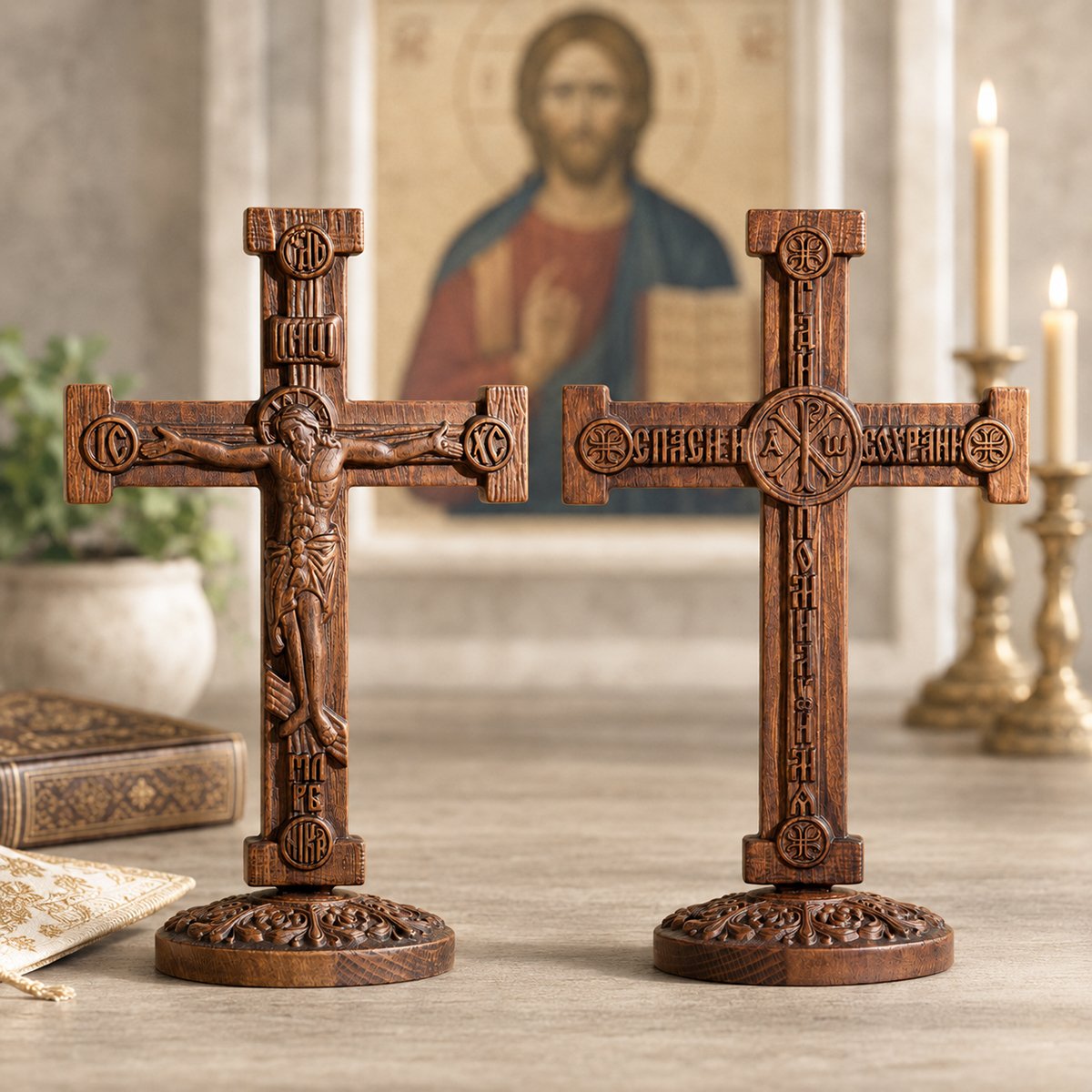 Vintage wood Orthodox crucifix back side displayed indoors with carved Christian symbols and decorative base