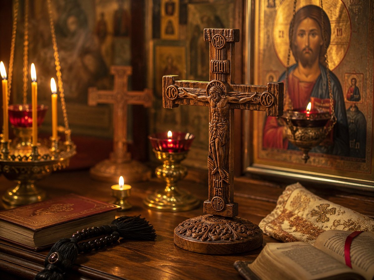 Double Sided Orthodox Crucifix displayed in an Eastern Orthodox prayer setting with candles, icons and devotional objects
