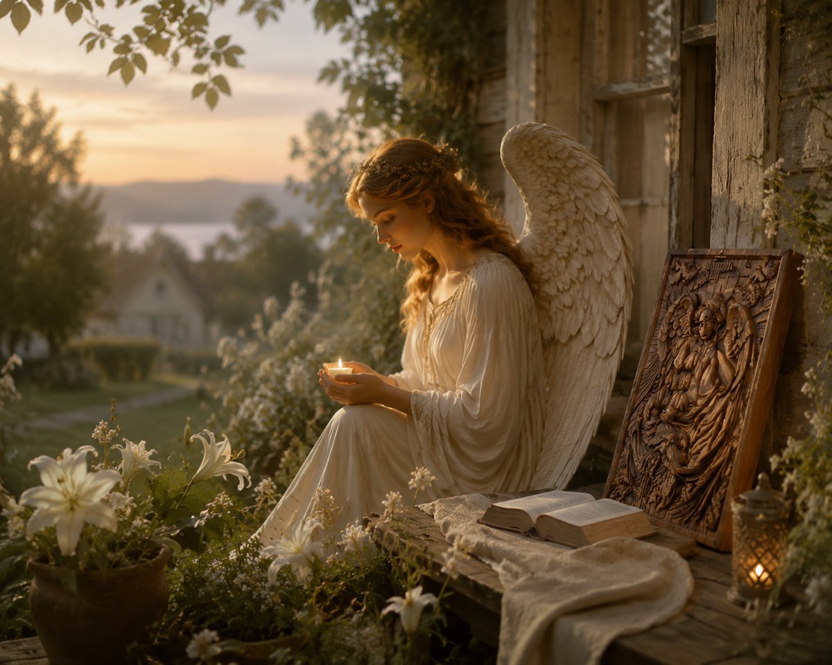 Female angel guardian in a peaceful countryside scene with soft light, flowers and wooden angel artwork symbolizing faith and protection