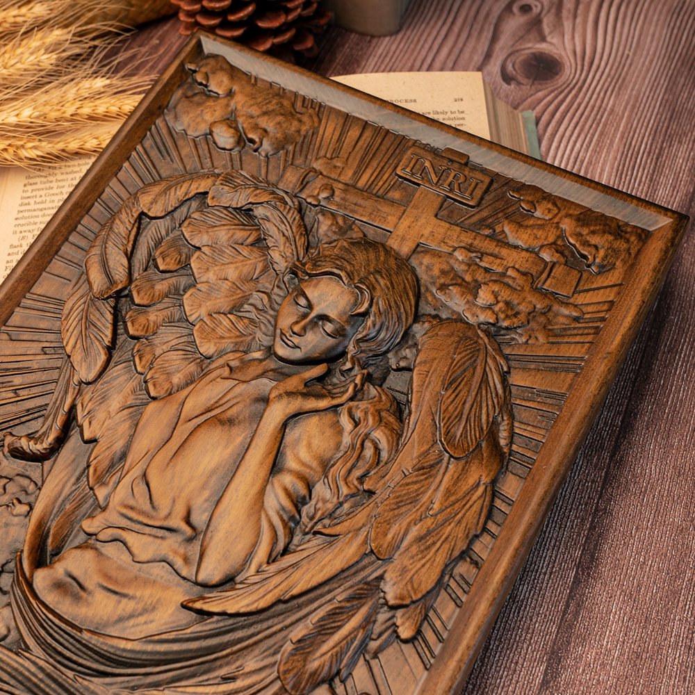 Close up view of Female Angel wooden relief highlighting artistic carving details and natural wood grain