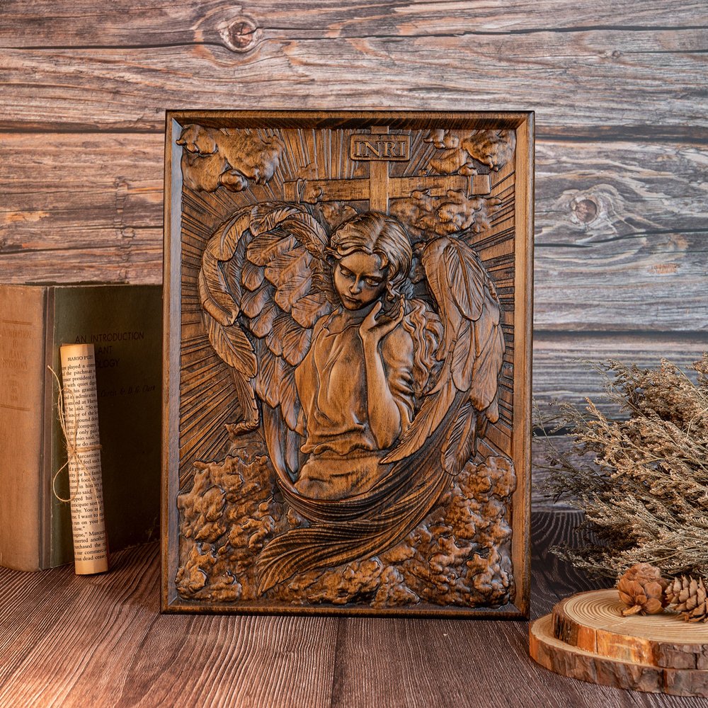 Female Angel wooden wall art in a rustic interior setting, showing detailed handcrafted carving