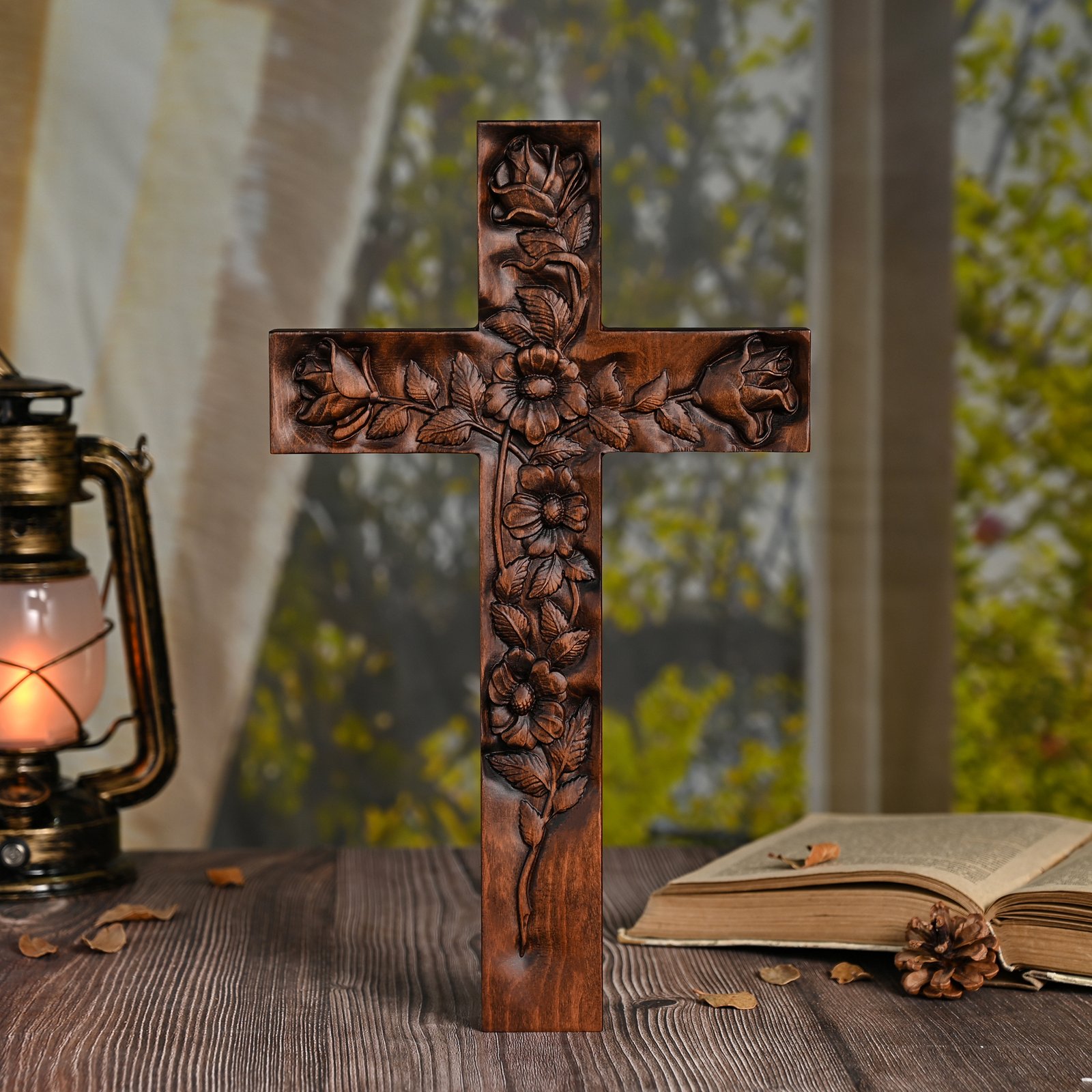 Hand carved Rose Cross wooden cross front view showing floral patterns and Christian craftsmanship