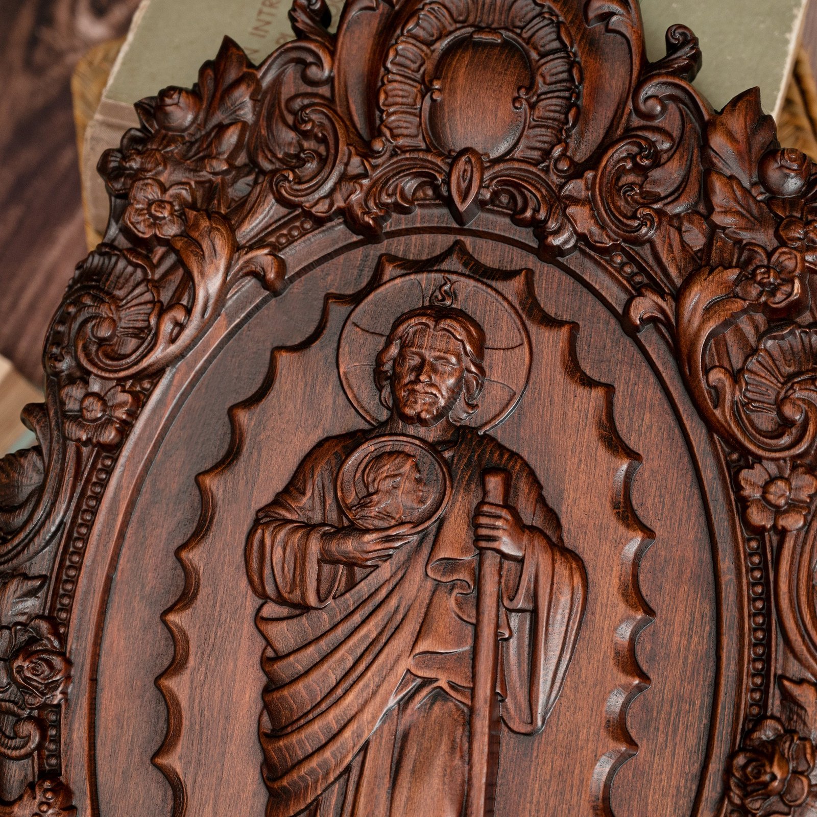 Hand carved Saint Jude wood relief featuring the apostle with detailed traditional Christian carving style