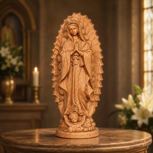 Virgin Mary wooden statue with hand carved prayer design