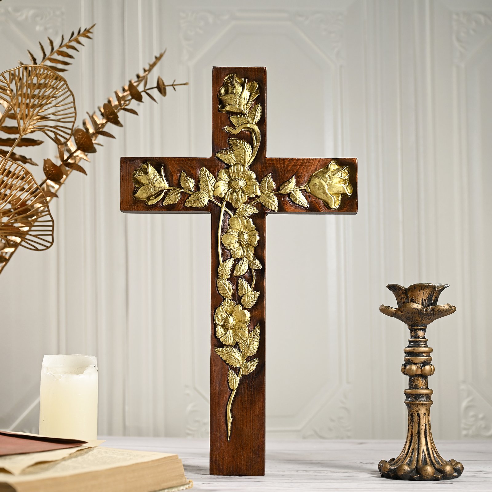 Handmade Rose Cross wooden wall cross featuring carved roses and traditional Christian symbolism