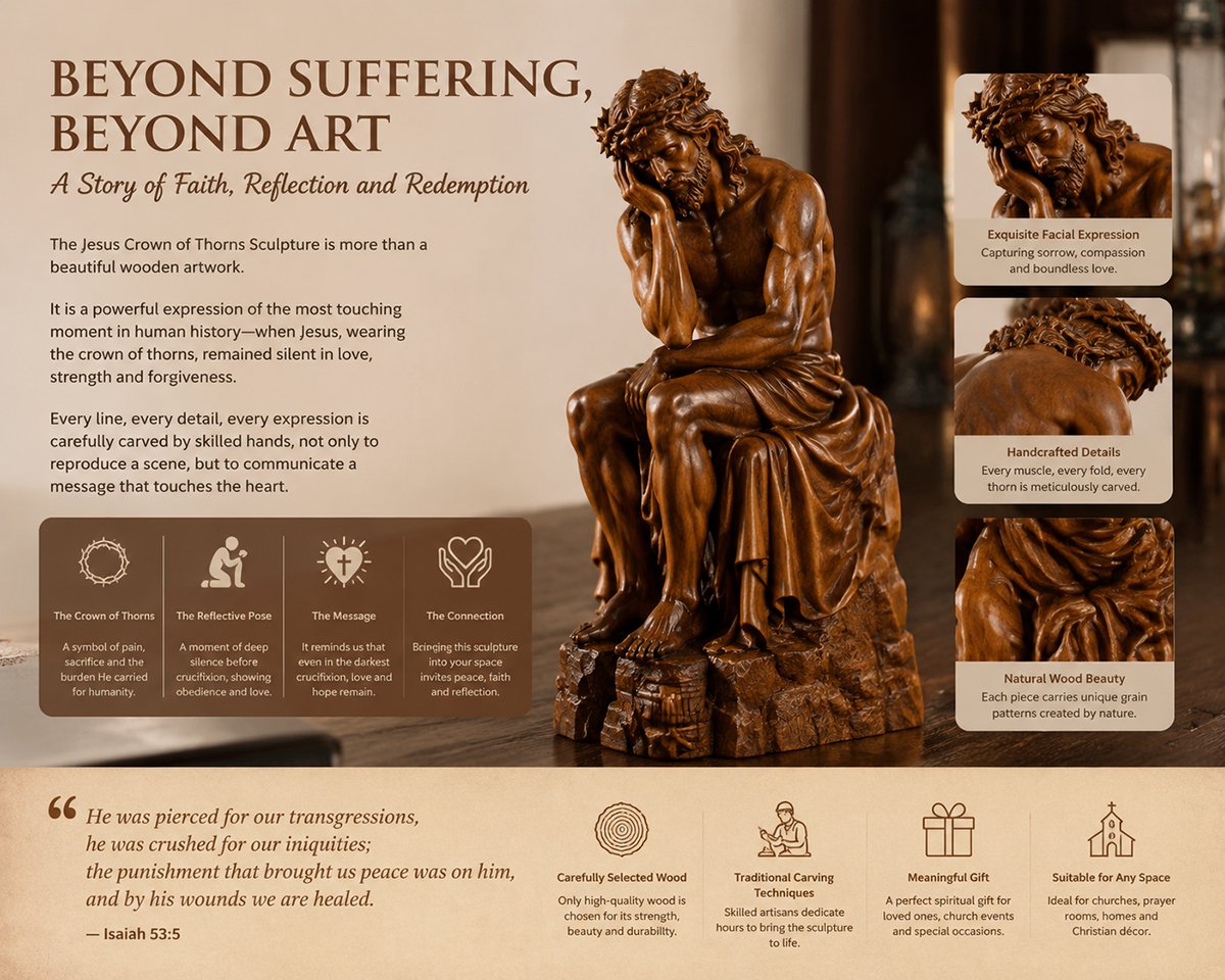 Jesus Crown of Thorns Sculpture representing Christ Passion, faith, sacrifice and redemption through handcrafted Christian wood carving