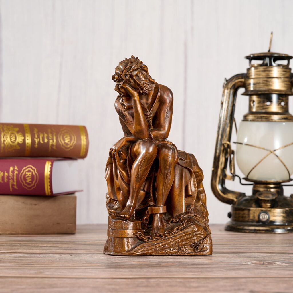 Lion Wooden Sculpture displayed as home decor with books and a lamp in a warm interior setting