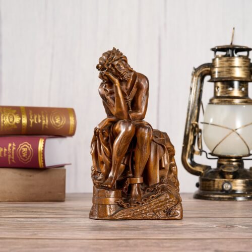 Lion Wooden Sculpture displayed as home decor with books and a lamp in a warm interior setting