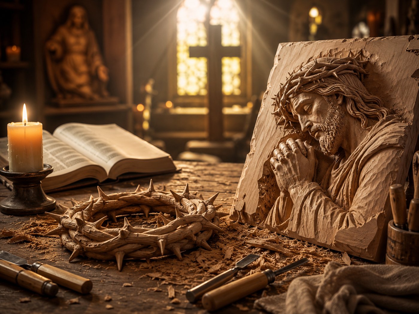 Jesus Crown of Thorns wood carving story scene with a thorn crown, Bible, candlelight and handmade wooden relief representing the Passion of Christ