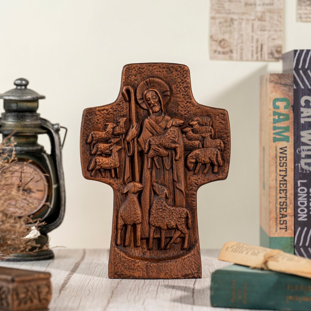 Jesus Good Shepherd Cross wooden relief displayed in a home setting showing Christian symbolism and handcrafted wood art