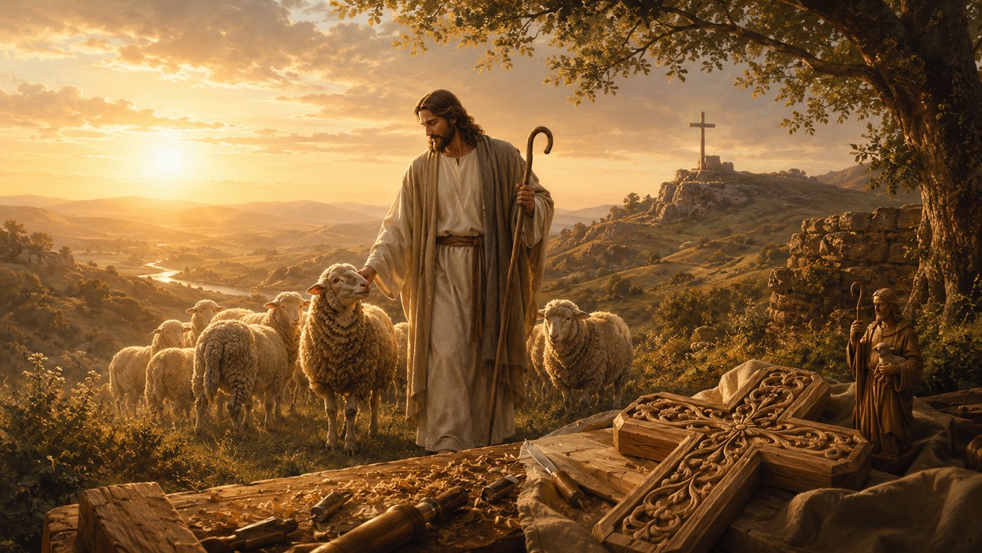 Jesus Good Shepherd story scene with shepherd, sheep and wooden cross symbolizing faith, guidance and Christian craftsmanship