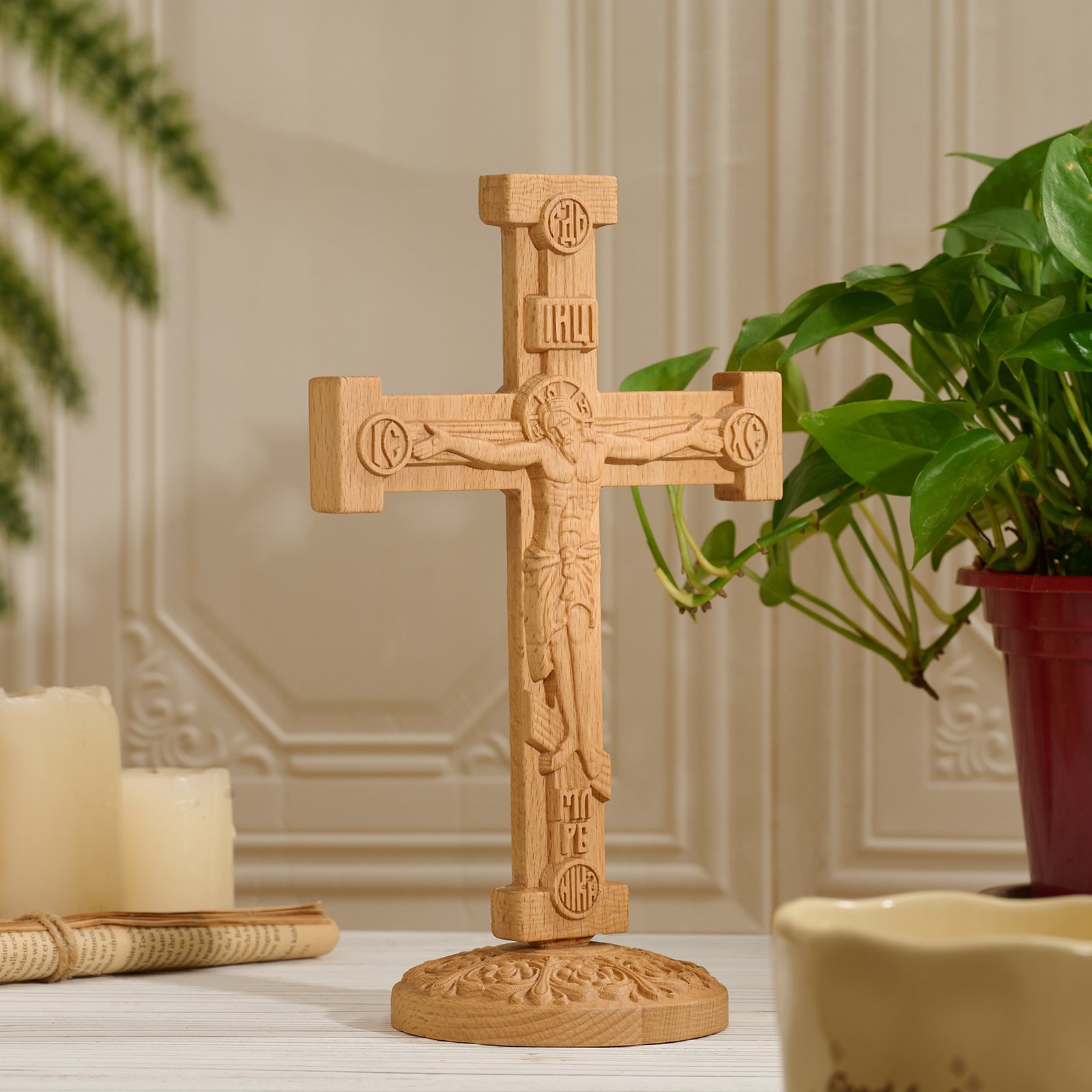 Light wood double sided Orthodox cross back view showing Eastern Christian symbols and engraved details