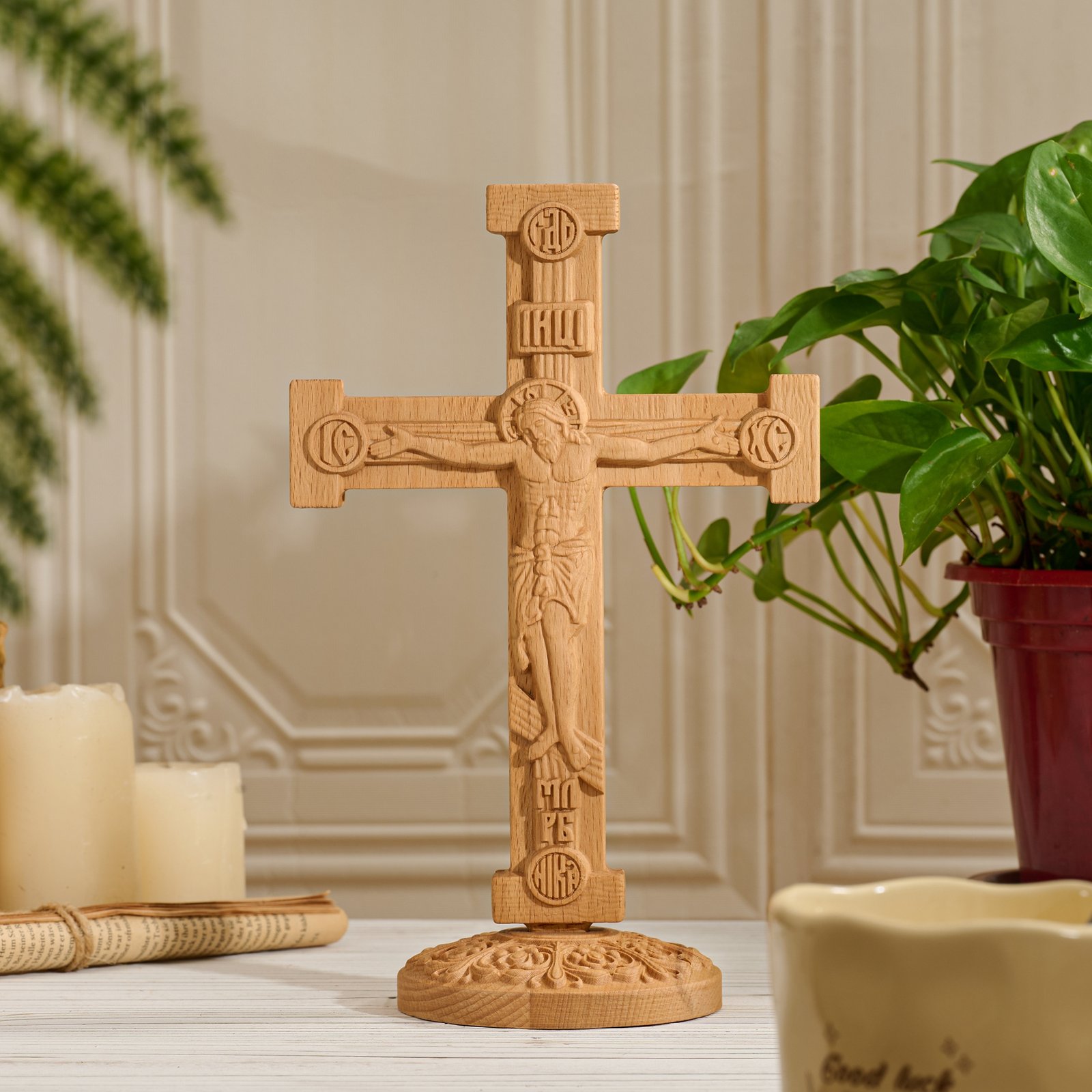 Light wood Orthodox Jesus crucifix front view with carved crucified Christ and detailed handcrafted design