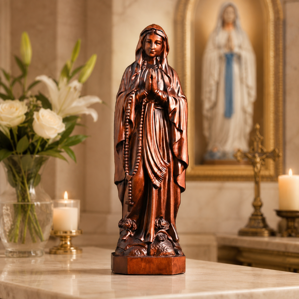Lourdes Virgin Mary statue displayed in a chapel with candles, flowers and religious decorations