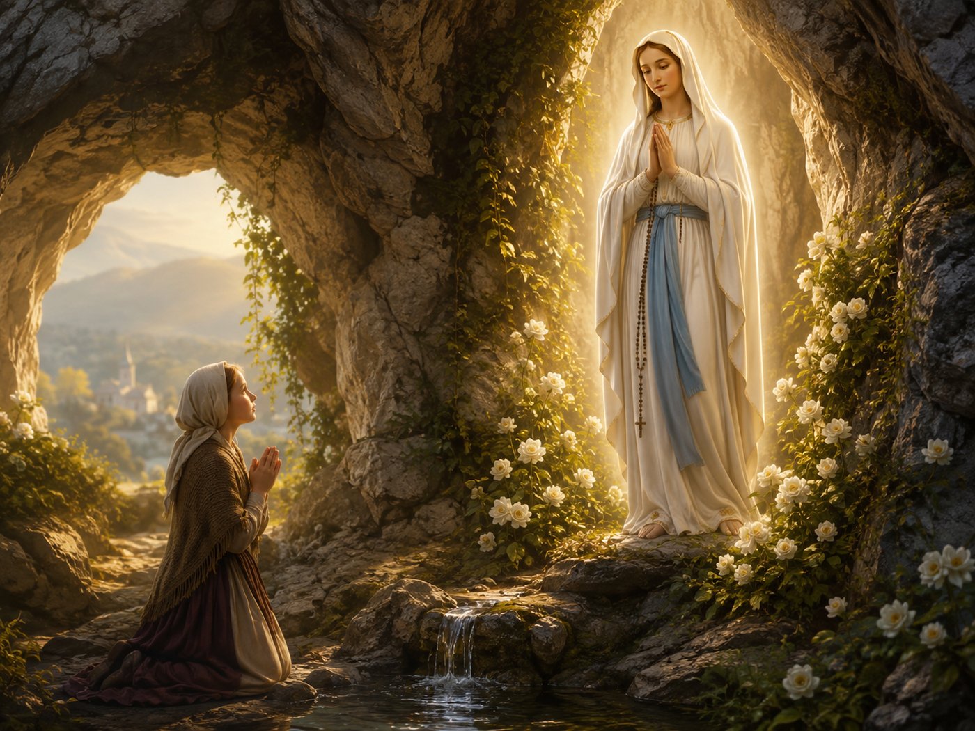 Lourdes Virgin Mary Wooden Statue inspired by the Marian apparition at the grotto with prayer and Catholic devotion