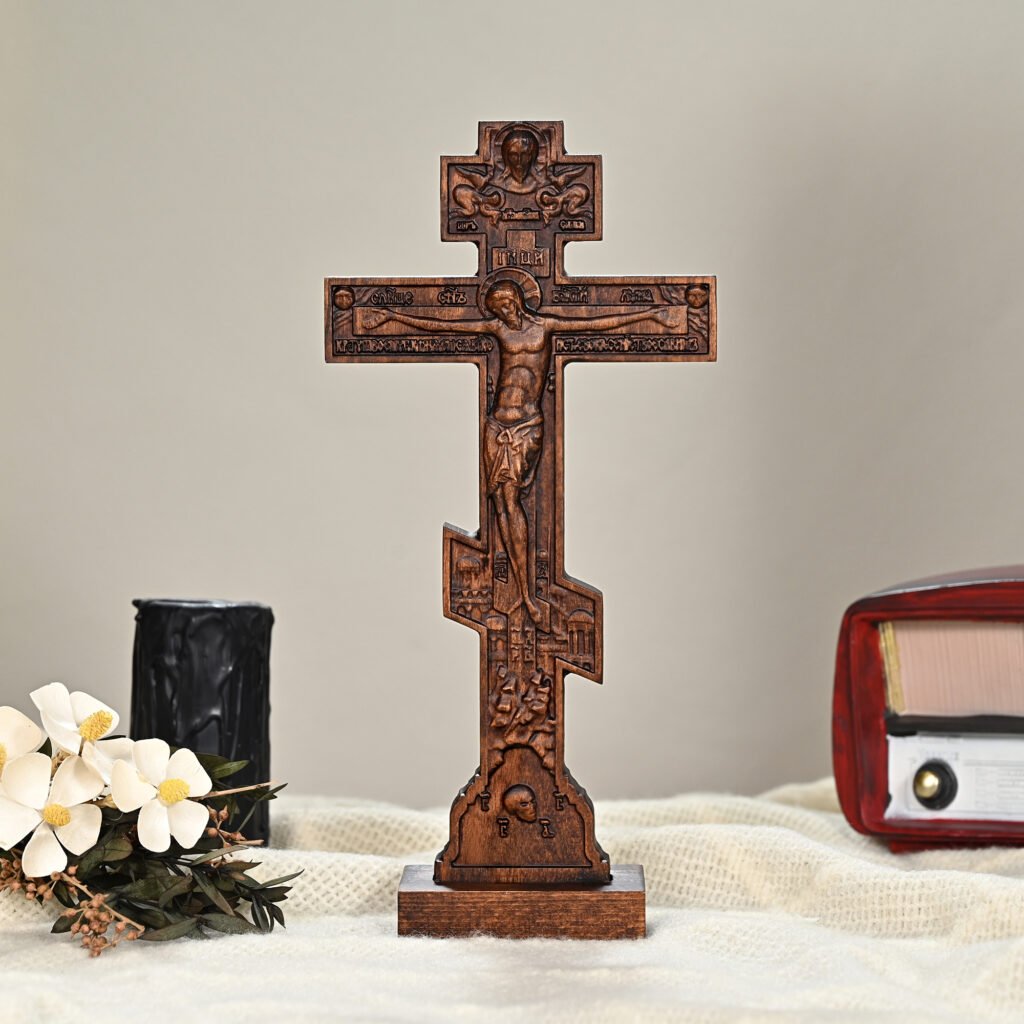 Orthodox Cross Stand used as Christian home decoration with flowers and religious objects
