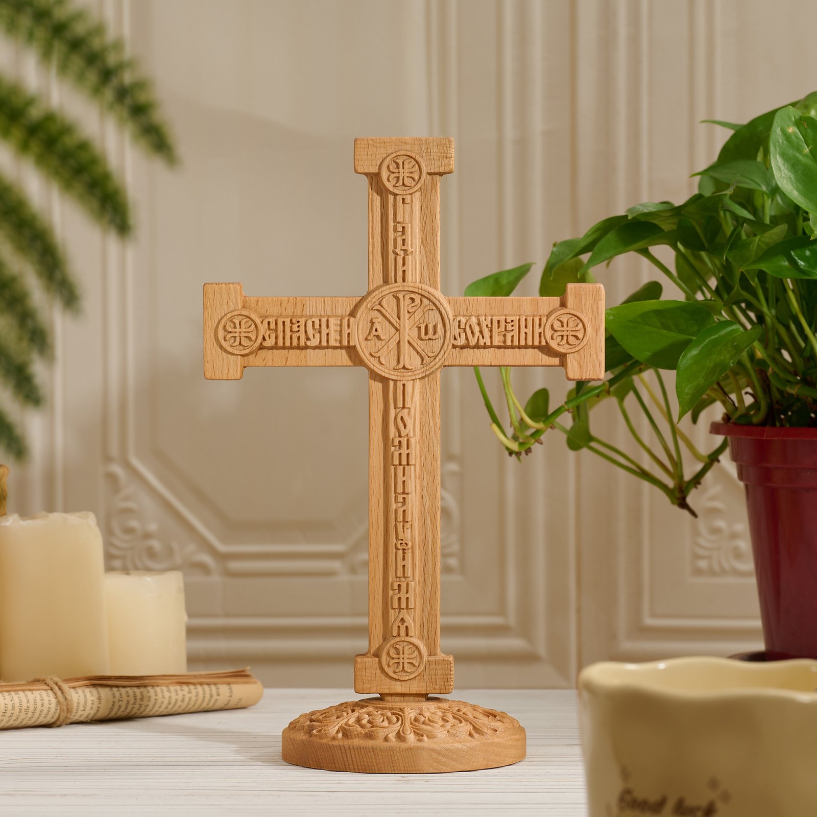Orthodox crucifix back side in natural wood showing Eastern Christian symbol carving and decorative base
