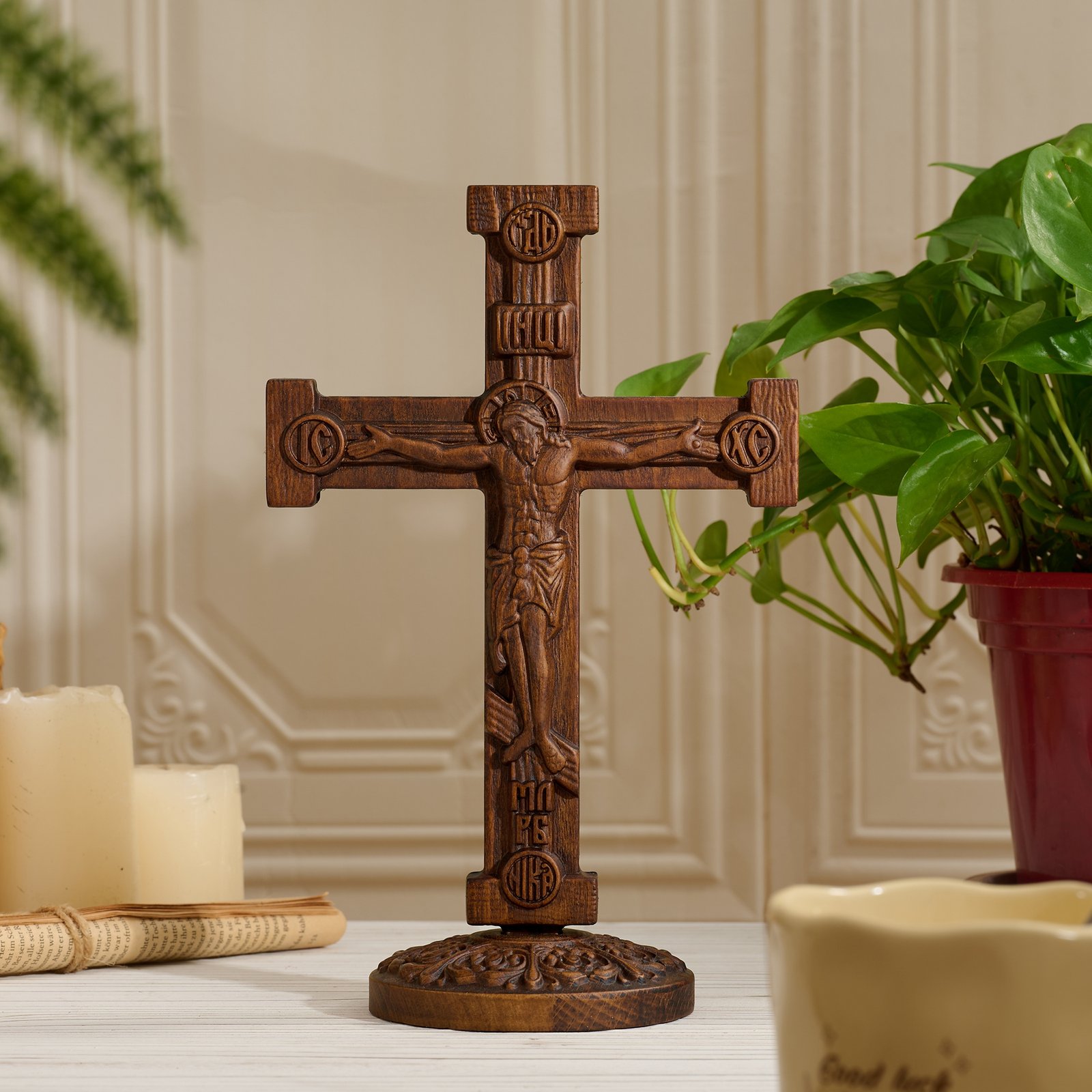 Dark wood Orthodox Jesus crucifix front view showing carved crucified Christ and traditional Eastern Christian design