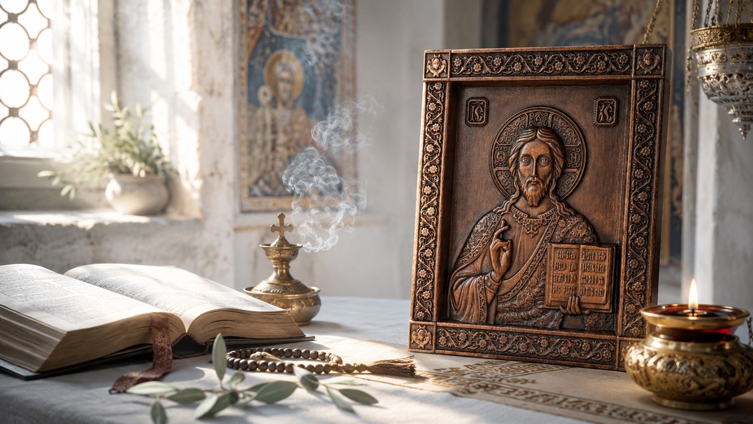 Orthodox Jesus Icon displayed on a prayer table with Bible, incense and candlelight, representing Eastern Orthodox Christian faith and tradition