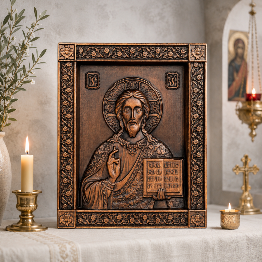 Orthodox Jesus Icon displayed in a traditional Christian prayer setting with candles, icon background and spiritual atmosphere