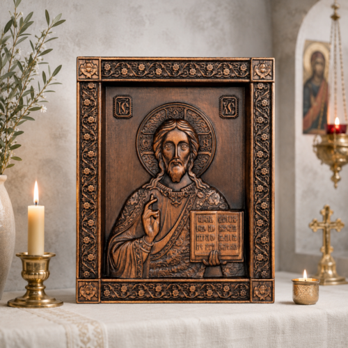 Orthodox Jesus Icon displayed in a traditional Christian prayer setting with candles, icon background and spiritual atmosphere