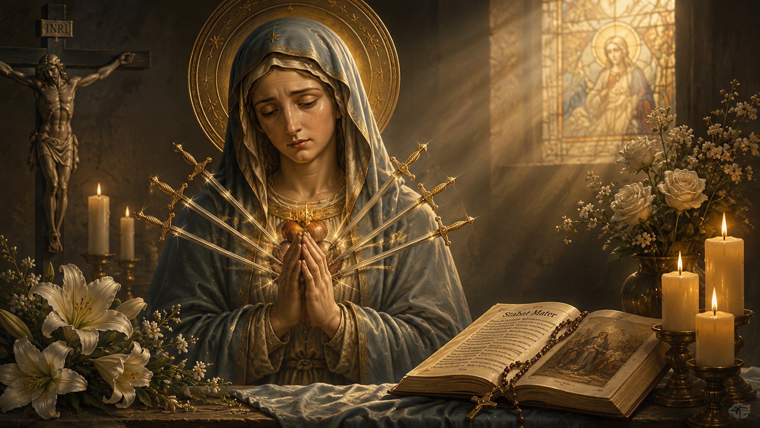Our Lady of Sorrows in a candlelit prayer setting with the Seven Sorrows symbolism, Bible and flowers representing faith and devotion