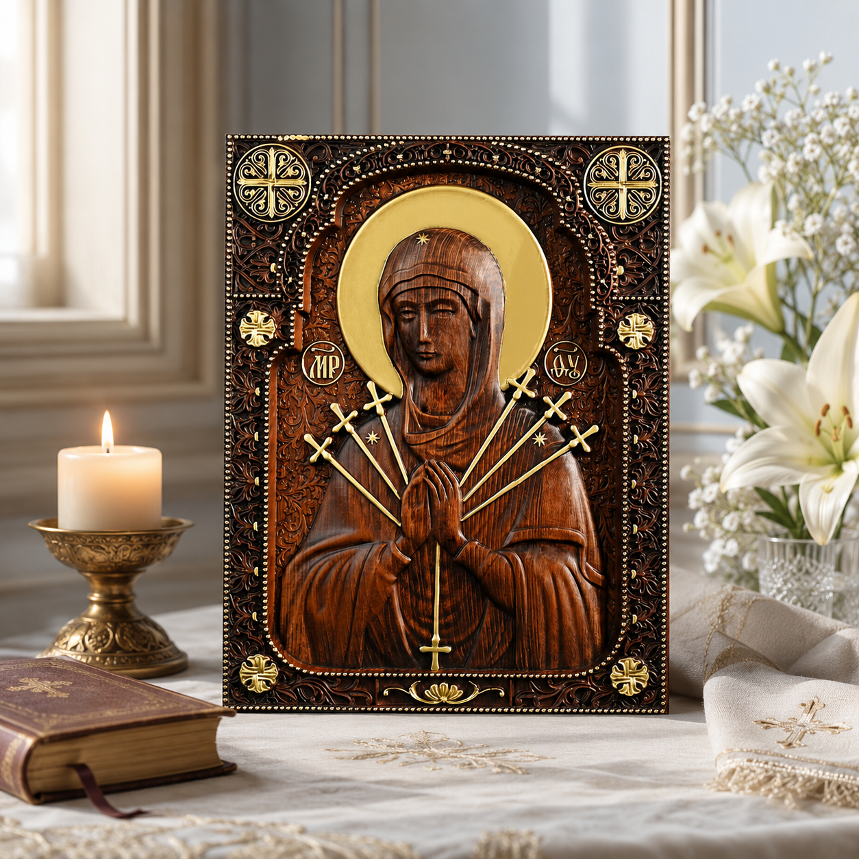 Our Lady of Sorrows wooden icon displayed with candlelight and Bible in a peaceful Catholic prayer setting