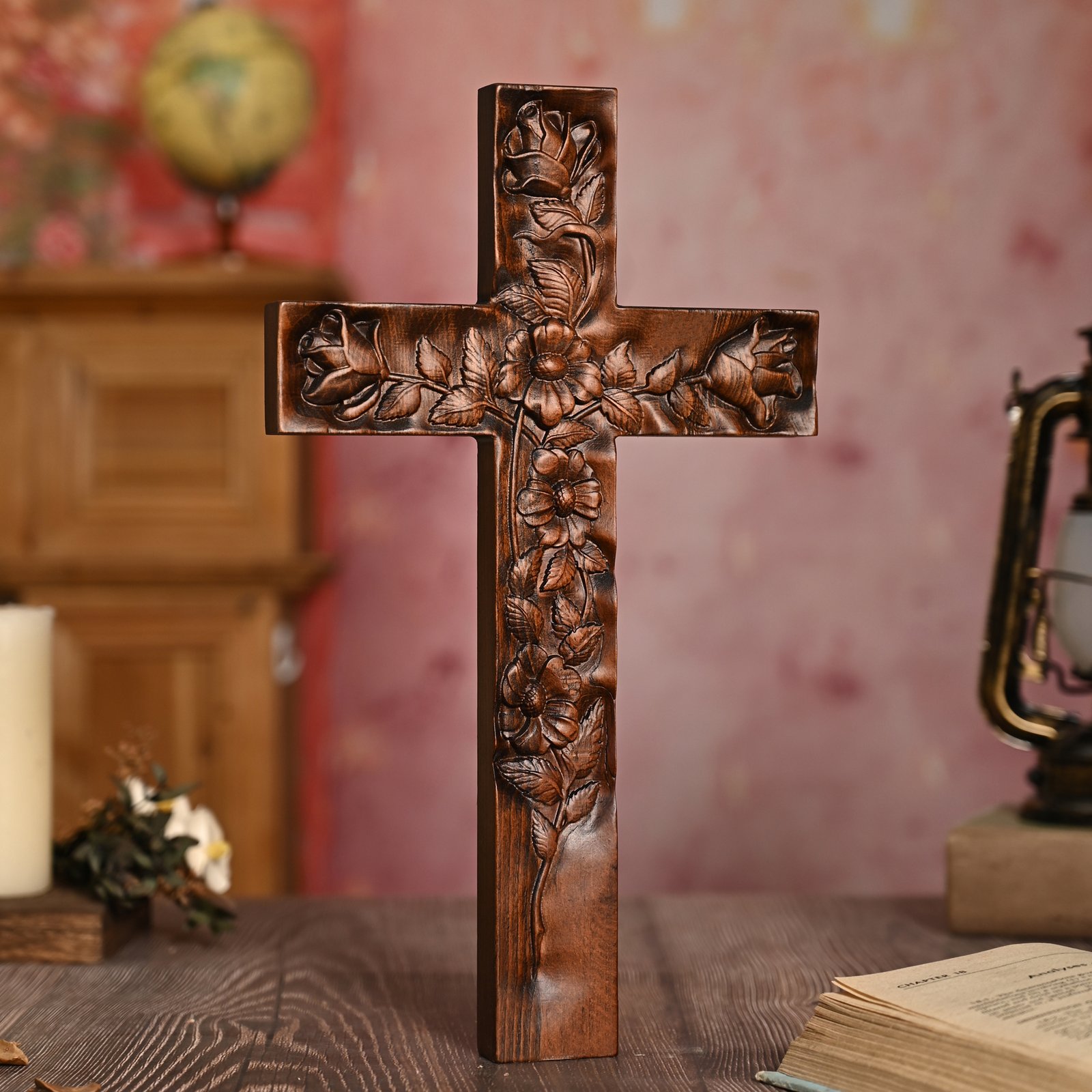 Rose Cross wooden Christian cross displayed with detailed floral carving and natural wood finish