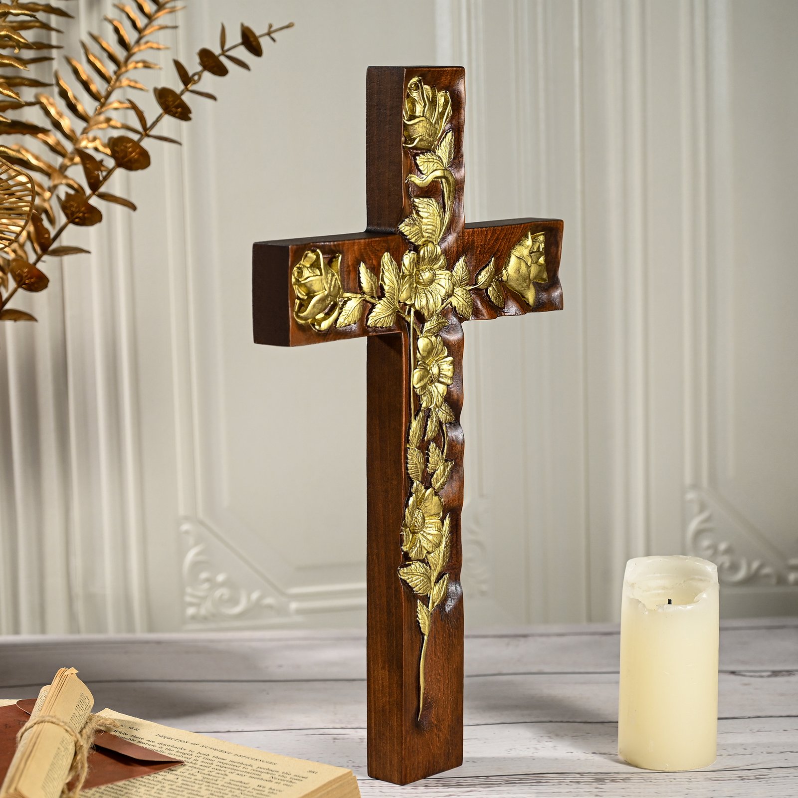 Rose Cross Christian wooden art display showing handmade floral carving and religious decoration style