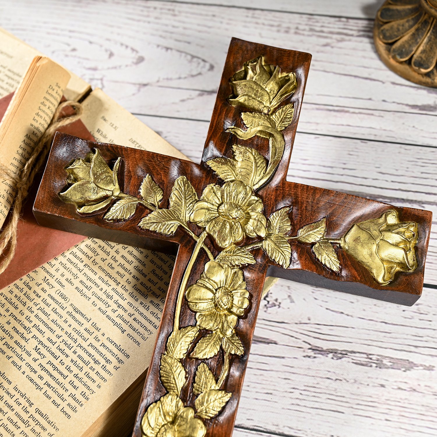 Rose Cross wood carving detail showing floral patterns and artisan craftsmanship