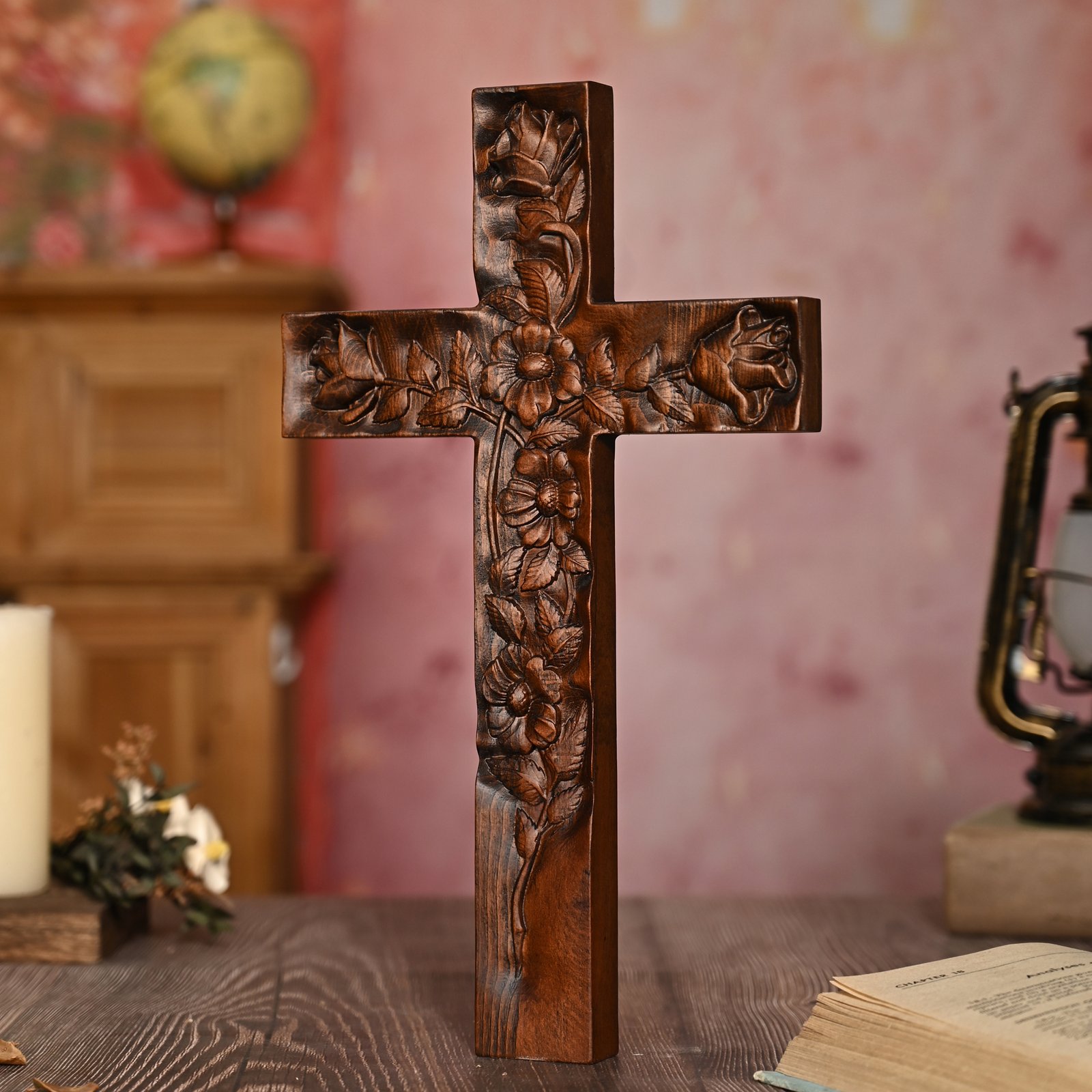 Rose Cross Christian wall decoration displayed indoors with handcrafted floral wood carving design