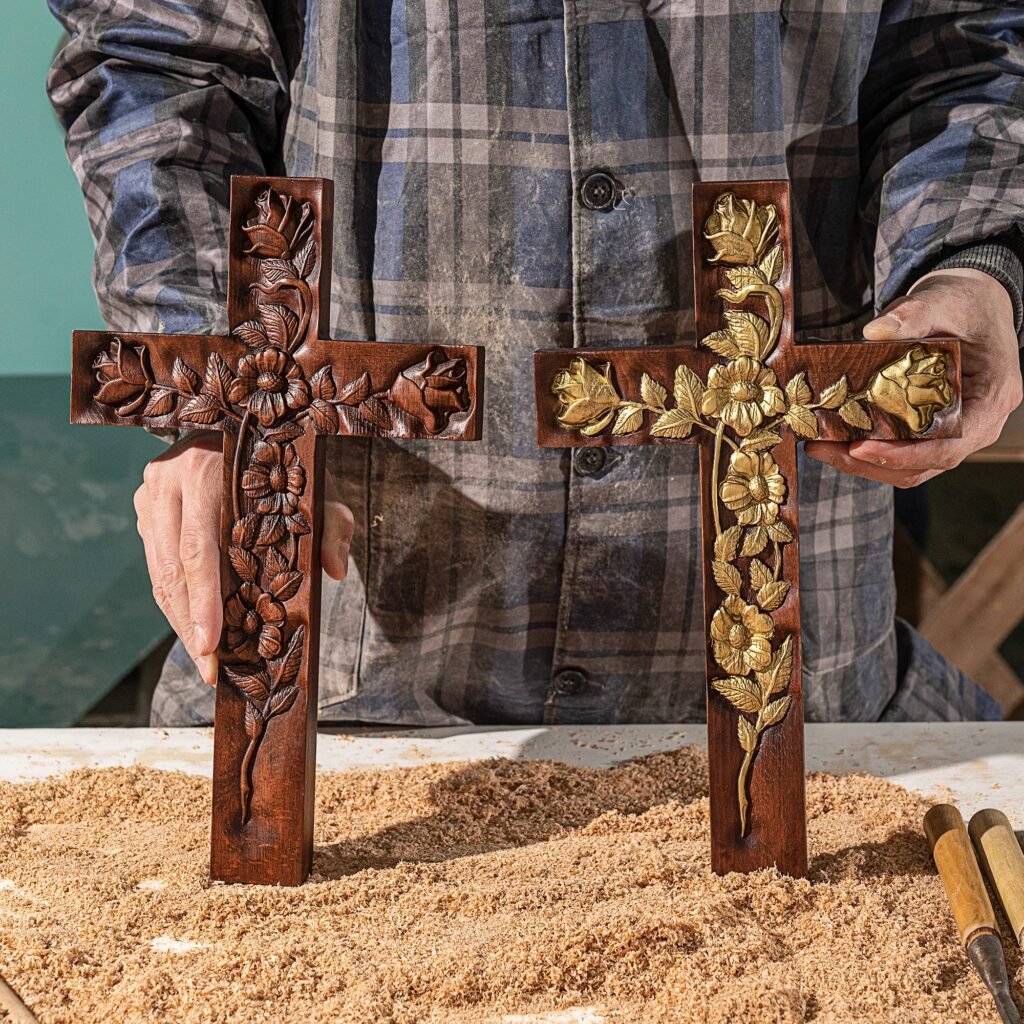 Rose Cross wooden wall decor collection showing handcrafted floral Christian crosses with detailed carving