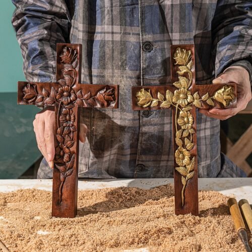 Rose Cross wooden wall decor collection showing handcrafted floral Christian crosses with detailed carving