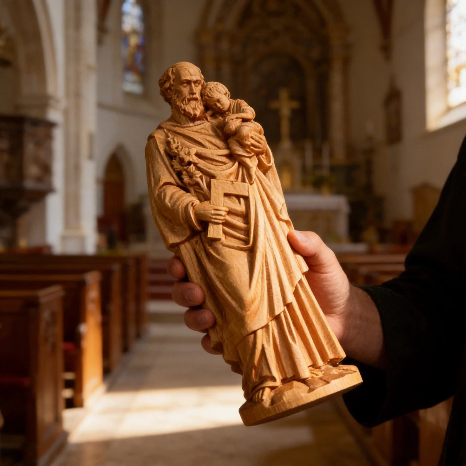 Saint Joseph wooden statue with Child Jesus displayed in a church with warm natural lighting