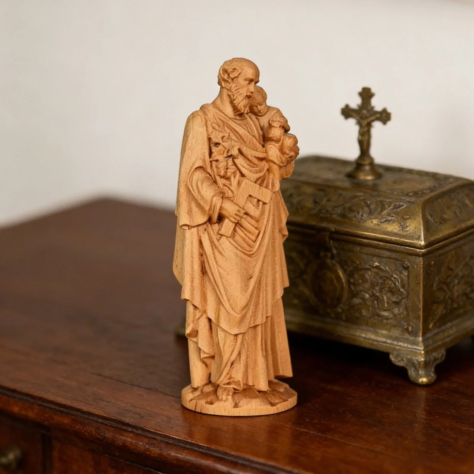 Hand carved Saint Joseph and Child Jesus wooden sculpture displayed with Christian religious decoration