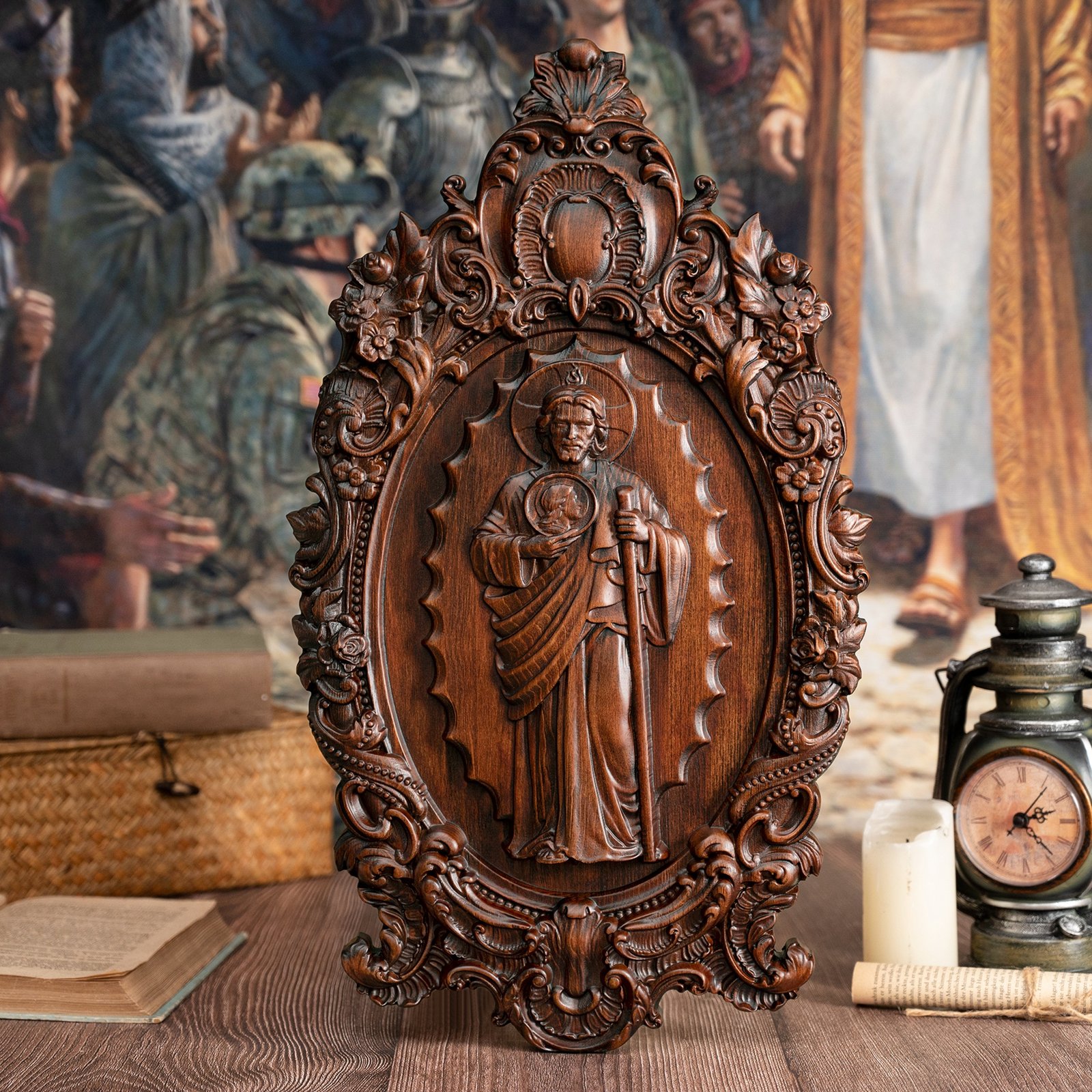 Saint Jude religious wood artwork displayed in a warm interior setting representing Christian faith and devotion