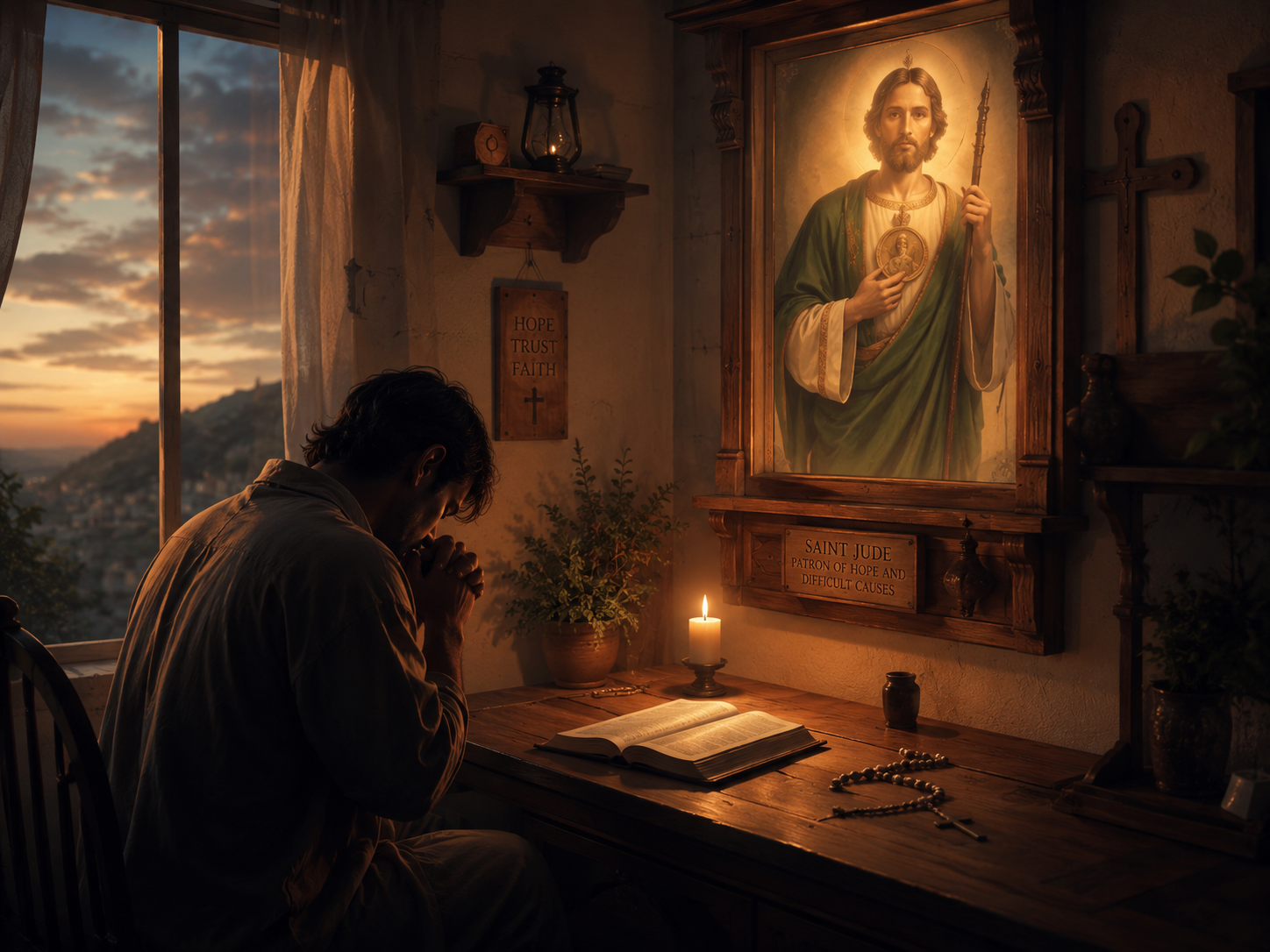 Saint Jude in a peaceful prayer scene with candlelight and Bible symbolizing hope, faith and spiritual guidance