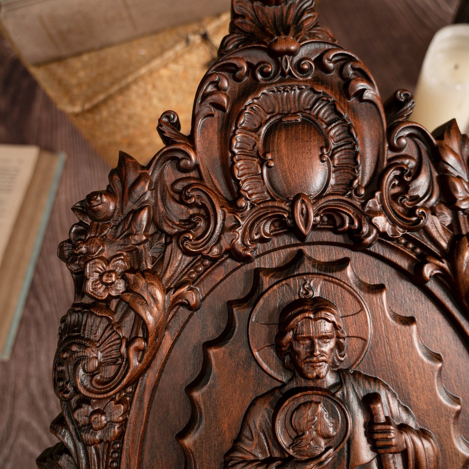 Detailed view of Saint Jude wood carving showing ornate decoration and handmade religious artwork