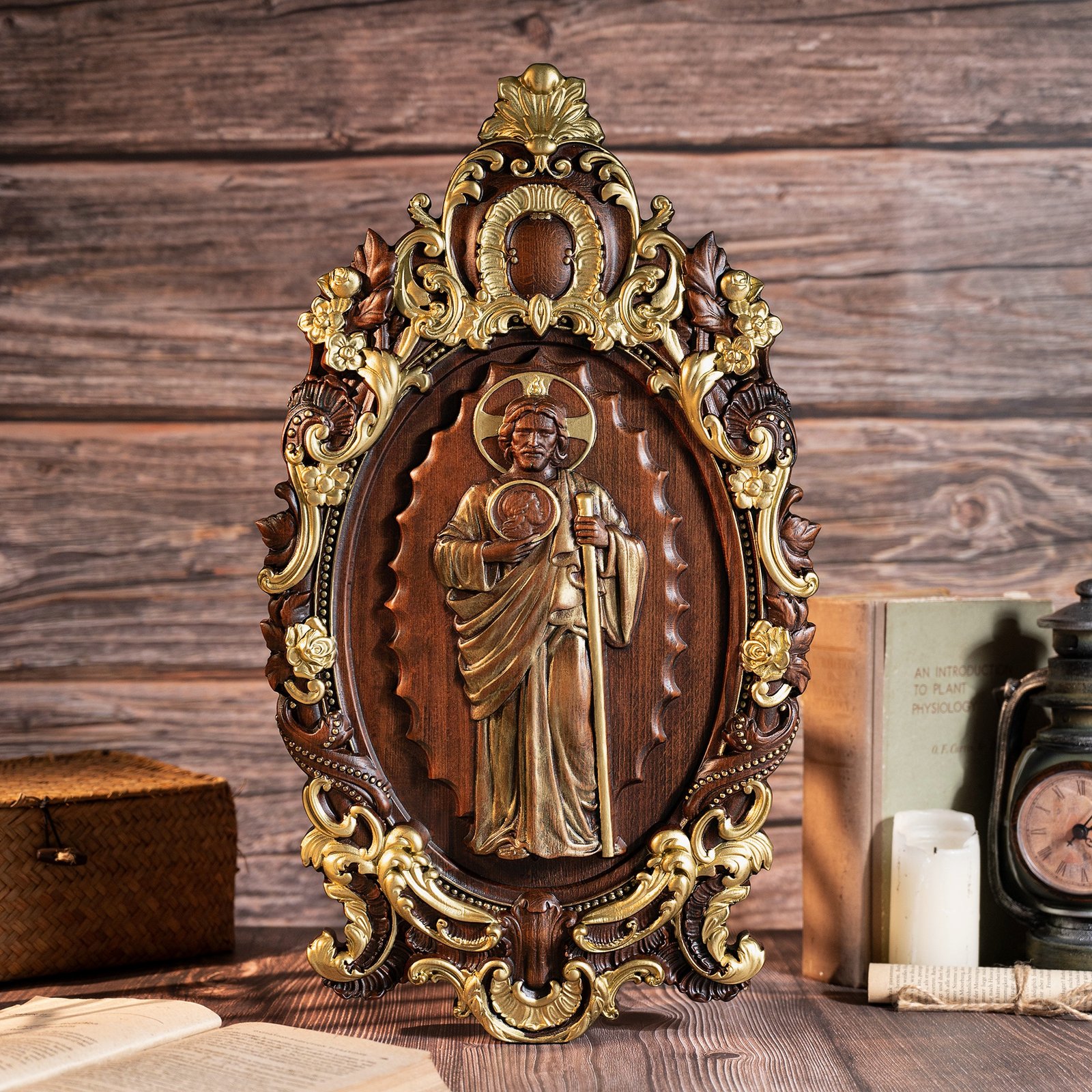 Saint Jude wood carving statue displayed with detailed frame and traditional Christian religious artwork