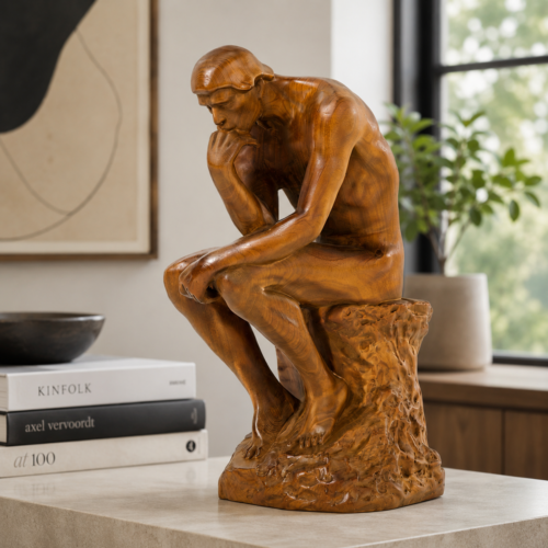 Thinker Wooden Sculpture displayed in a modern living room with books and natural light