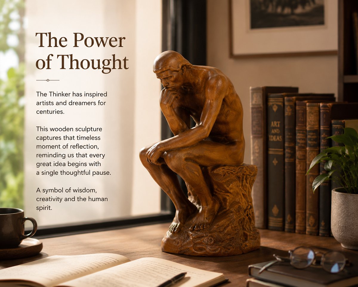 Thinker Wooden Sculpture displayed in a creative study space with books, plants and a warm interior representing wisdom and reflection